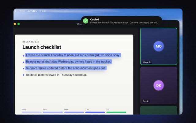 Unpixel’s Copied confirmation at the top of the screen as the recognized lines lift off the slide.