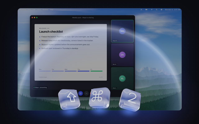 Glass Shift, Command and 2 keys pressed in front of a dimmed video call.