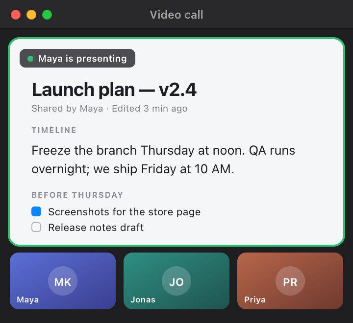 A video call window. Maya is presenting a launch plan that reads “Freeze the branch Thursday at noon. QA runs overnight; we ship Friday at 10 AM.”