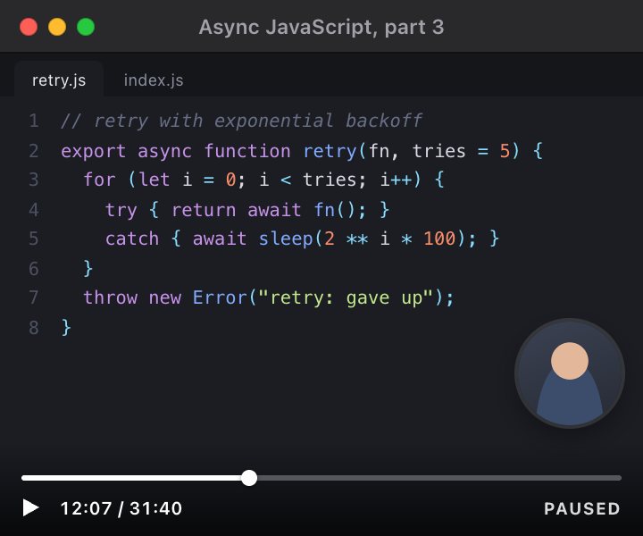 A paused coding tutorial showing a JavaScript retry function with exponential backoff.