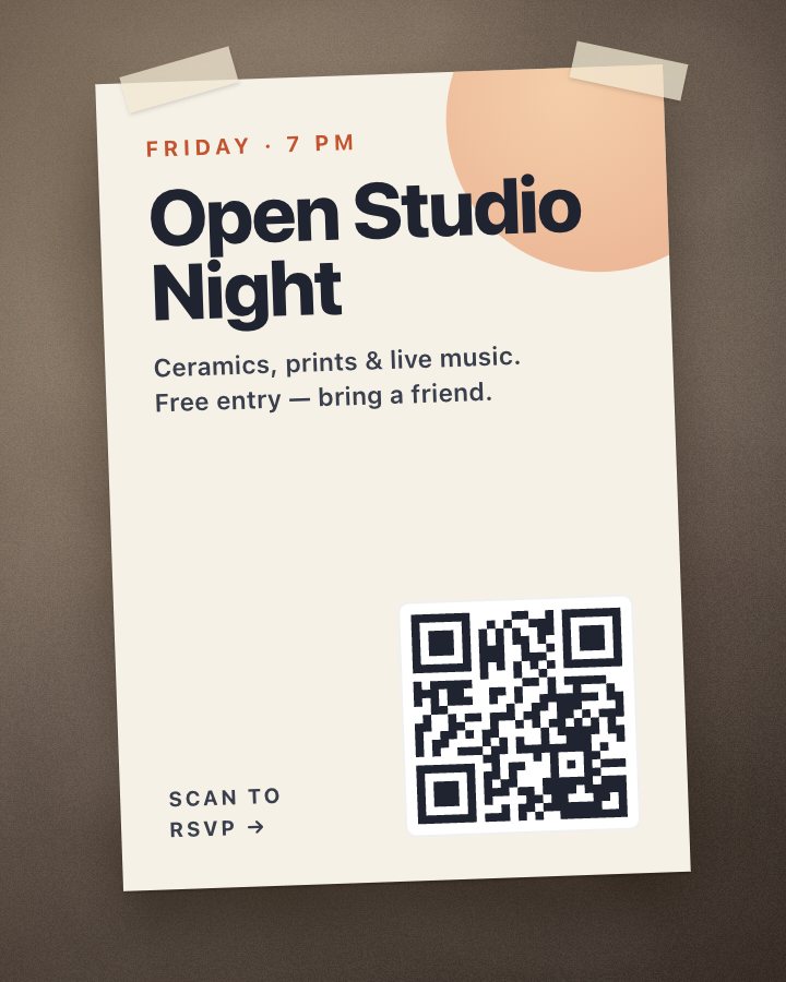 A photo of a poster for an open studio night, with a QR code in the corner.