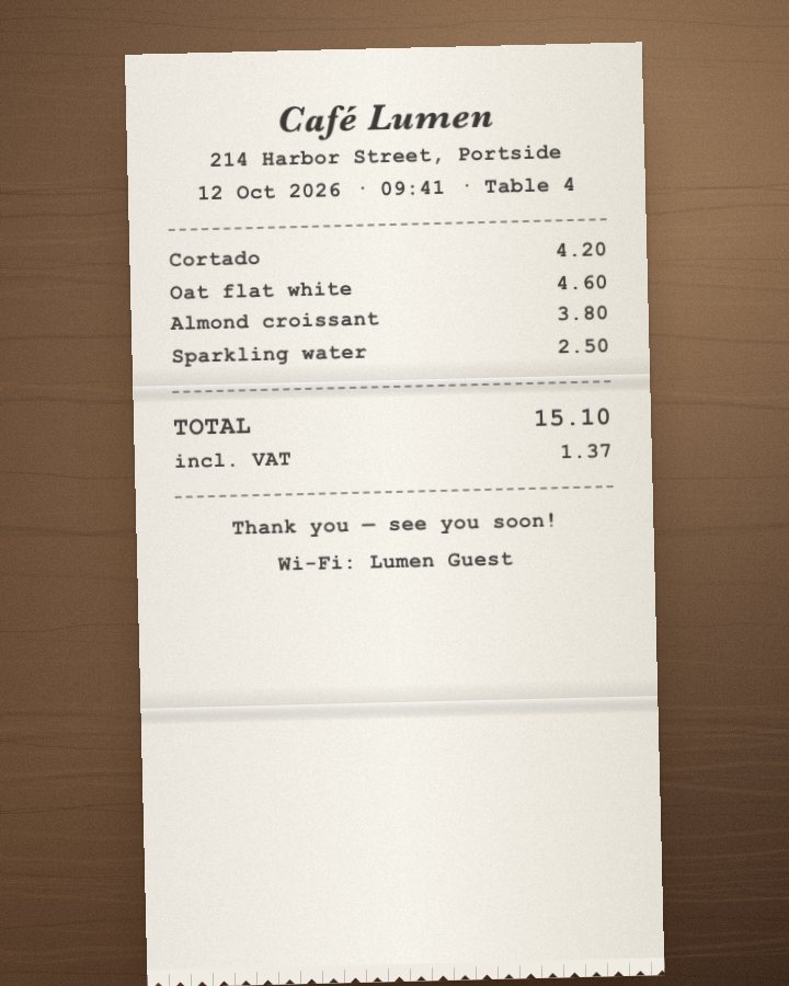 A photo of a café receipt listing a cortado, an oat flat white, an almond croissant and a sparkling water with their prices.