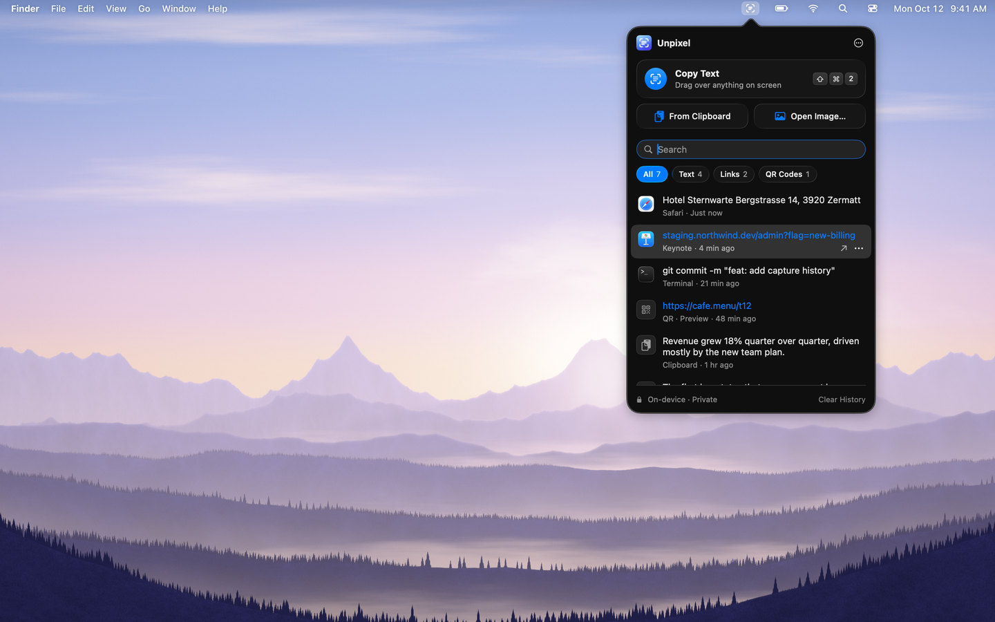 Unpixel’s menu bar panel open over a dawn mountain wallpaper, showing Copy Text, From Clipboard, Open Image, search, filters and the capture history