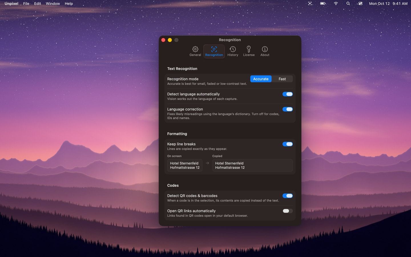 Unpixel’s Recognition settings over a dusk mountain wallpaper: Accurate or Fast recognition, automatic language detection, keep line breaks and QR code detection