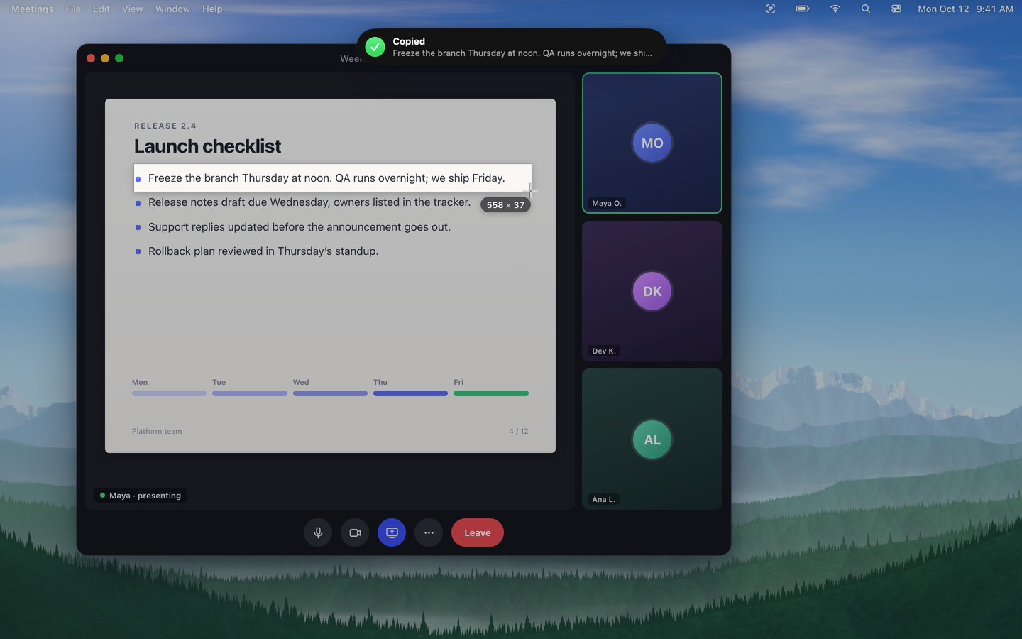 A video call with a shared slide: a selection is dragged over “Freeze the branch Thursday at noon…” and Unpixel’s “Copied” confirmation appears at the top of the screen