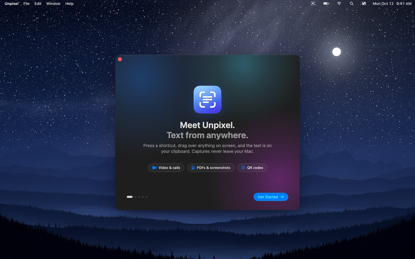 Unpixel’s welcome window, “Meet Unpixel. Text from anywhere.”, over a night sky wallpaper