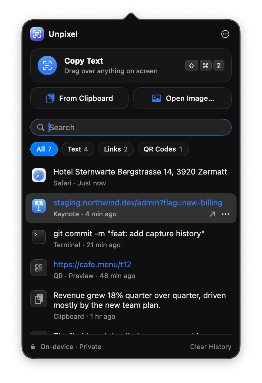 Unpixel’s menu bar panel: Copy Text (Shift-Command-2), From Clipboard, Open Image, search, All / Text / Links / QR Codes filters and recent captures