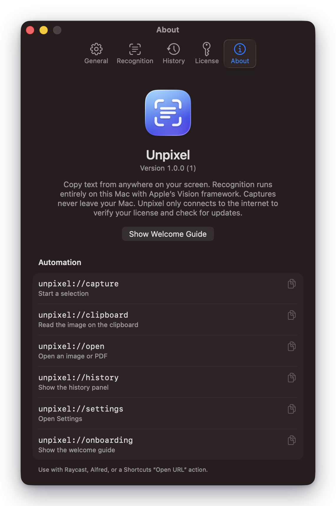 Unpixel About settings