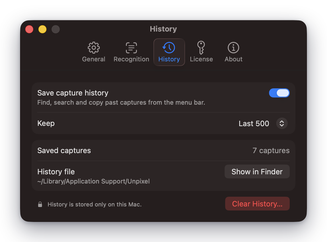Unpixel History settings